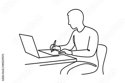 Minimalist Digital Illustrator. Digital Content Creation. Minimalistic one-line drawing person sitting at desk