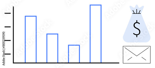Bar chart with increasing financial trend, bag of money symbolizing profit, and envelope indicating correspondence. Ideal for business analytics, finance, marketing, communication strategies