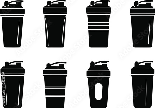 Collection of black silhouette protein shaker bottle icons for fitness and sports