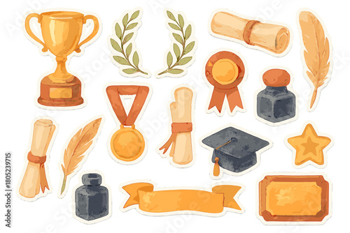 Watercolor Award Stickers. Award Ceremony. Realistic hand-painted watercolor style sticker sheet of award