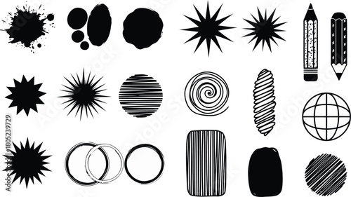 Dynamic collection of hand-drawn abstract design elements, featuring diverse shapes, splatters, and textured scribbles
