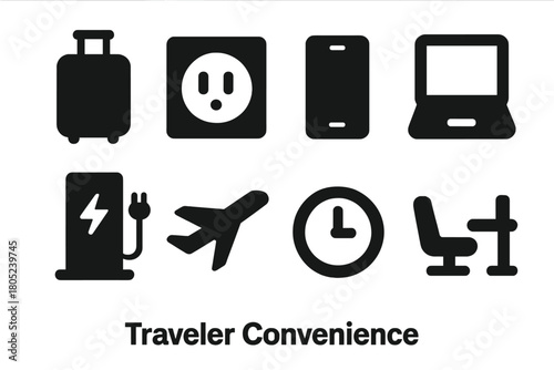 Traveler Essentials Icons. Traveler Convenience. Filled icon set of Traveler Convenience: suitcase, power