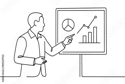Minimalist Coaching Sketch. Performance Coaching. Minimalistic one-line drawing coach pointing at whiteboard