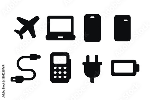 Tech Travel Icons. Tech Travel. Filled icon set of Tech Travel: airplane, laptop, smartphone, power bank,