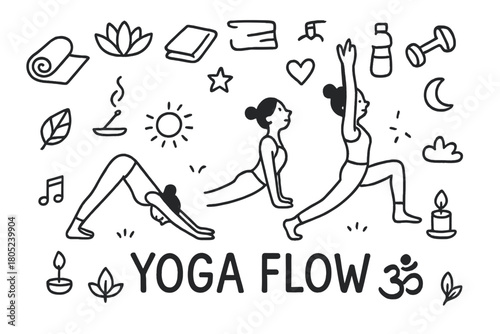 Yoga Flow Doodle. Yoga Flow. Hand-drawn doodle illustration of Yoga Flow. In the middle, one slightly larger