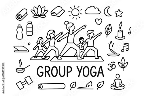 Doodle Group Yoga Scene. Group Yoga. Hand-drawn doodle illustration of Group Yoga. In the middle, one slightly