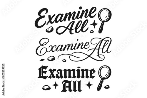 Examine All Designs. Examine All. Create a calligraphy lettering illustration of the phrase: Examine All.