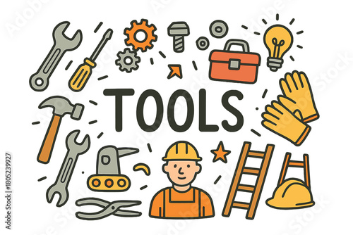 Industrial Tools Doodle. Industrial tools. Hand-drawn doodle illustration of industrial tools. Wrench,