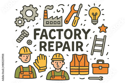 Factory Repair Doodle. Factory repair. Hand-drawn doodle illustration of factory repair. Gears, conveyor belt,