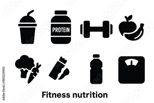 Fitness Nutrition Icons. Fitness Nutrition. Filled icon set of Fitness Nutrition: smoothie, protein shake,