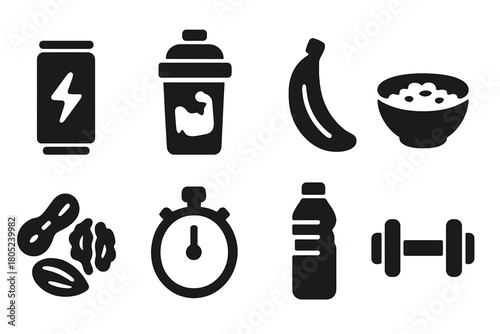 Pre-Workout Nutrition Icons. Pre-Workout Nutrition. Filled icon set of Pre-Workout Nutrition: energy drink,