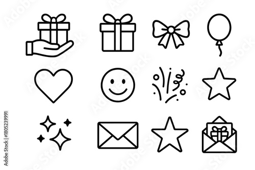 Gift-Giving Icon Set. Friendly gift-giving. Line outline icon set of friendly gift-giving: hand, gift box,
