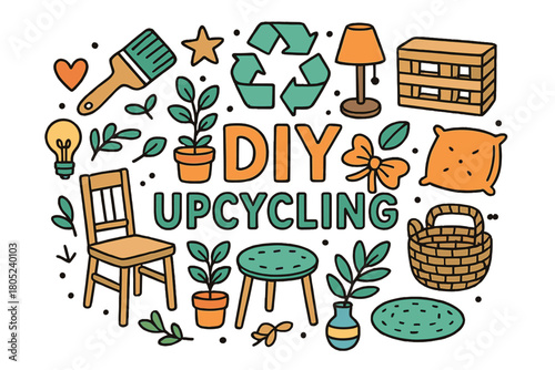 DIY Upcycling Doodles. DIY upcycling. Hand-drawn doodle illustration of DIY upcycling. Paintbrush, recycled