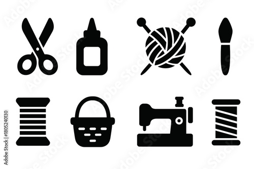 Handicraft Icons Grid. Handicrafts. Filled icon set of Handicrafts: scissors, glue, yarn ball, knitting