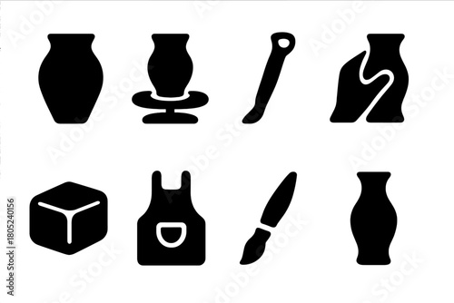 Black Pottery Icons Set. Pottery. Filled icon set of Pottery: clay pot, potter wheel, carving tool, hand