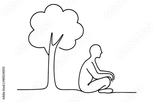 Minimalist Tree Reflection. Peaceful Contemplation. Minimalistic one-line drawing person seated under tree