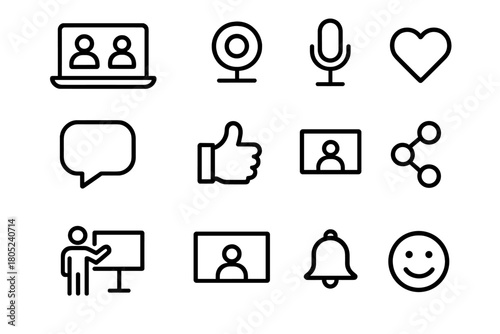 Virtual Meeting Icons. Online meeting interaction. Line outline icon set of online meeting interaction: laptop