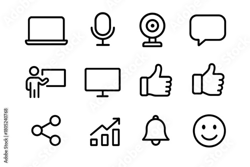 Remote Audience Icons. Remote audience tools. Line outline icon set of remote audience tools: laptop,