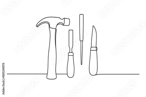 Minimalist Hand Tools. Hand Tools. Minimalistic one-line drawing hammer, chisel, and carving knife on table,