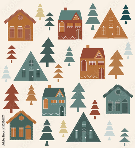 Hand-drawn gingerbread houses with Christmas trees. New Year's background pattern for wallpaper, cover, packaging, stickers, and holiday cards.