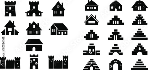 A diverse collection of architectural building icons from various historical eras