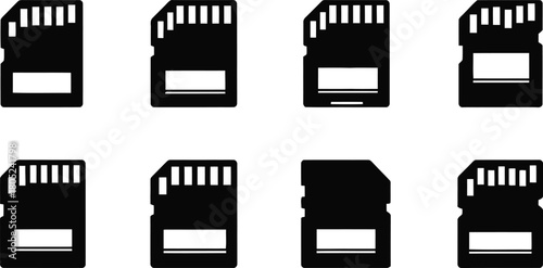 Set of Black Memory Card Icons for Data Storage and Digital Devices