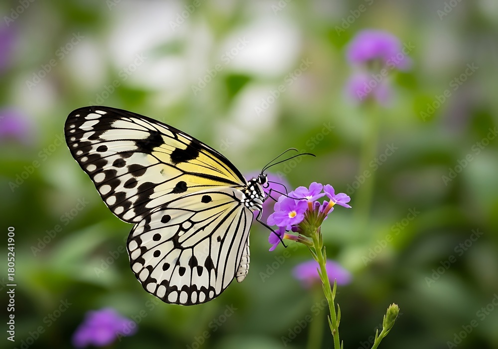 Naklejka premium Beautiful paper kite butterfly with black and white wings resting on a delicate purple flower in a garden