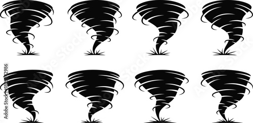 A collection of black tornado icons representing storm, cyclone, and twister vortex symbols