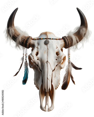 Realistic bison skull decorated with feathers beads and coin on transparent background black bone