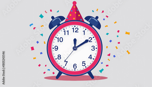 Colorful festive clock with a party hat and confetti, symbolizing celebration and New Year countdown