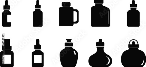 Set of black silhouettes of various bottles and containers on a white background