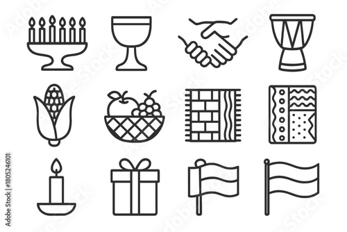 Kwanzaa Symbols Assembly. Kwanzaa Community outline icons: kinara, candles, unity cup, joined hands, drum, fruit basket, mkeka mat, African fabric, candlelight, corn, gift, flag.