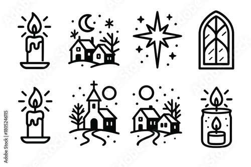 Christmas Candle Glow. Christmas Candle Night of light outline icons: glowing candle, snowy village, shining star, frosted glass, church window, gentle flame, quiet street, full
