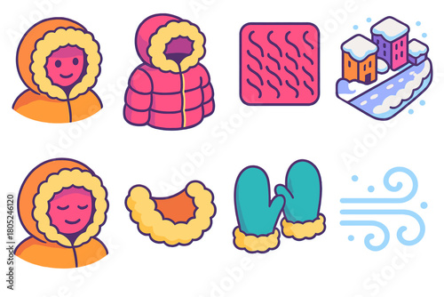 Fuzzy Winter Icons. Fuzzy Hoods flat icons: fur-lined hood, puffer coat, cozy texture, snow-covered street, gentle smile, fluffy trim, mittens, frosty air.