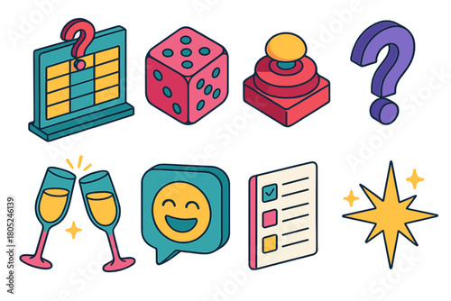 New Year Game Icons. New Year Quiz Game night flat icons: trivia board, dice, buzzer, question mark, clinking glasses, laughter bubble, answer sheet, sparkling light.
