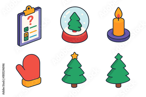 Festive Icon Set. Holiday Trivia flat icons: clipboard, quiz sheet, snow globe, candlelight, mitten, tree.