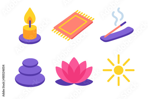 Isometric Ritual Icons. Candlelight Rituals flat icons: single flame, prayer mat, incense smoke, pebble, lotus flower, light rays.
