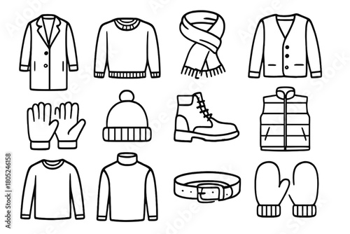 Layered Clothing Icons. Layered Looks outline icons: overcoat, wool sweater, scarf, cardigan, gloves, beanie, boots, puffer vest, long-sleeve shirt, turtleneck, belt, mittens.