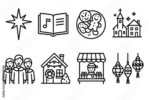 Christmas Icons Collection. Christmas Culture outline icons: nativity star, carol book, traditional sweets, village square, choir robes, decorated home, street vendor, festive
