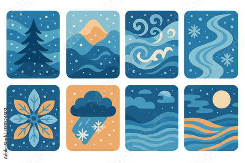 Snowstorm Nature Icons. Snowstorm Patterns Nature Abstract flat icons: pine silhouette, mountain haze, snow mist, frozen stream, ice petal, cloud burst, moon over frost, glacial