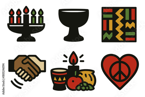 Kwanzaa Icon Set. Kwanzaa Principles silhouette set: kinara, unity cup, fruit offering, African fabric, clasped hands, drum rhythm, glowing candle, peace heart.