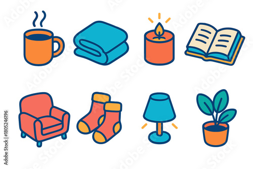 Comfort Ritual Icons. Comfort Rituals flat icons: steaming mug, soft blanket, glowing candle, open book, cozy chair, warm socks, gentle light, peaceful plant.