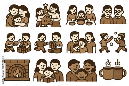 Family Holiday Icons. Holiday Family Moments Warm Flat Icons outline icons: family hug, decorating tree, sharing meal, opening gifts, kids playing, grandparents smiling, cozy