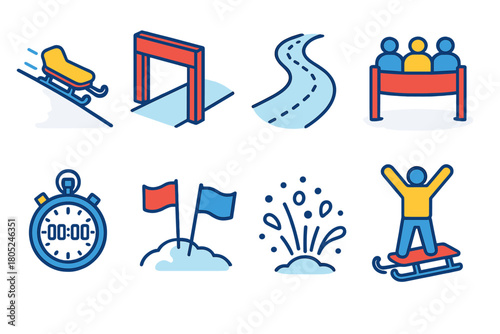Winter Sled Race Icons. Winter Competitions Sled Races flat icons: sled on slope, starting gate, snow trail, crowd banner, timing device, waving flags, snow spray, victory pose.