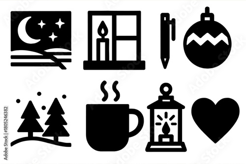 Holiday Icon Set. Holiday Reflection silhouette set: peaceful night sky, candle by window, notebook and pen, single ornament, calm snow scene, warm mug, glowing lantern, heart