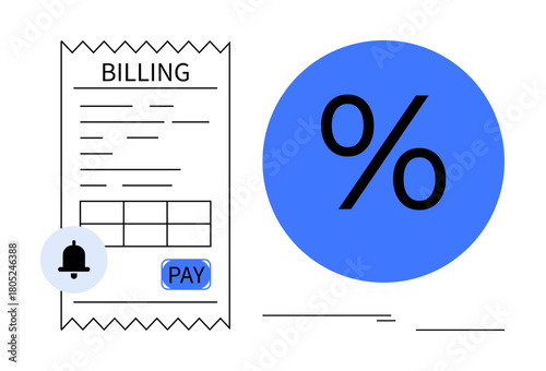 Receipt with payment reminder bell icon and Pay button next to a bold percentage symbol. Ideal for finance, budgeting, calculations, digital payments, accounting, tax, and simplicity-oriented