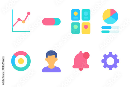 Sleek Mobile Dashboard Icons. Mobile Dashboards flat icons: analytics chart, progress bar, KPI cards, data widgets, activity tracker, user profile, notification icon, settings gear