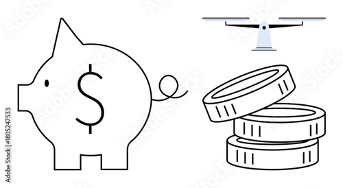 Piggy bank with a dollar sign, stacked coins, and a quadcopter showcasing concepts of savings, technology, innovation, and modern investment strategies. Ideal for business, finance, economy fintech