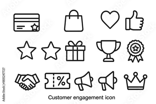 Customer Engagement Icons. Customer engagement. Line outline icon set of customer engagement: loyalty card,