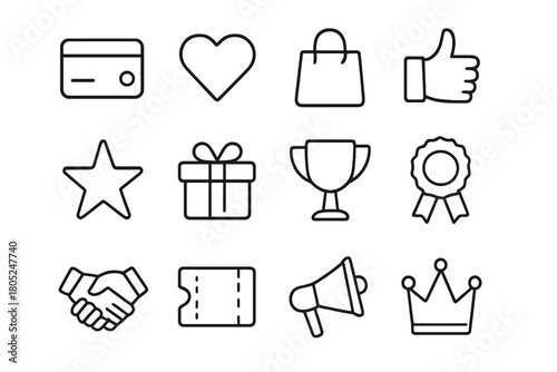 Customer Retention Icons. Customer retention. Line outline icon set of customer retention: loyalty card, heart